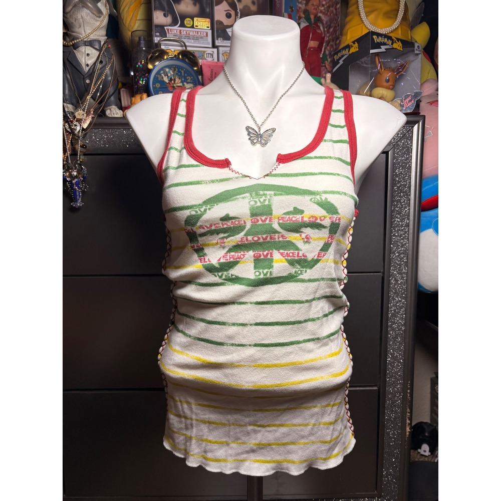 Y2K Lucky Brand Peace Sign Striped Tank Top Red Green Yellow Medium #2